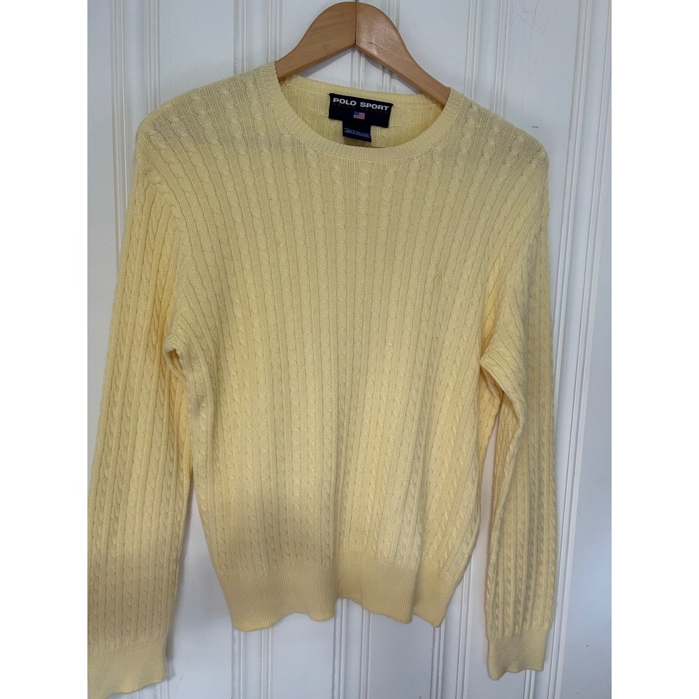 Polo Sport Ralph Lauren Women M Yellow Cable Knit Cotton Crewneck Sweater Tennis